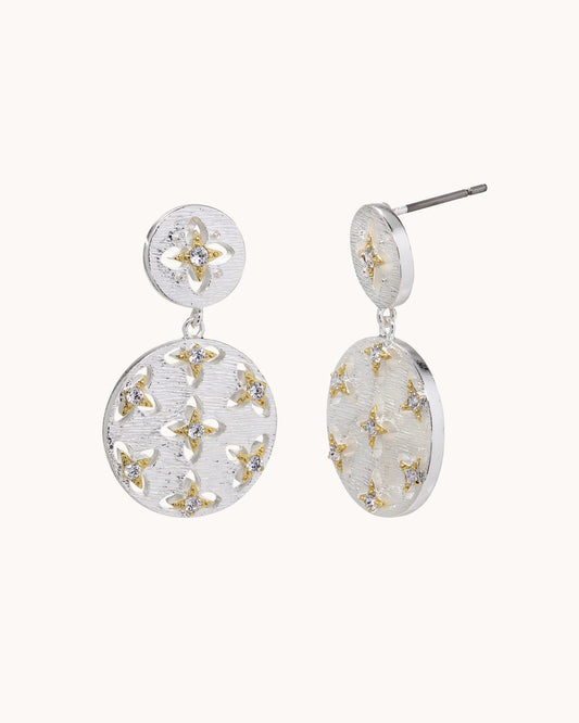 Brushed Disc Drop Ear - Two Tone Silver
