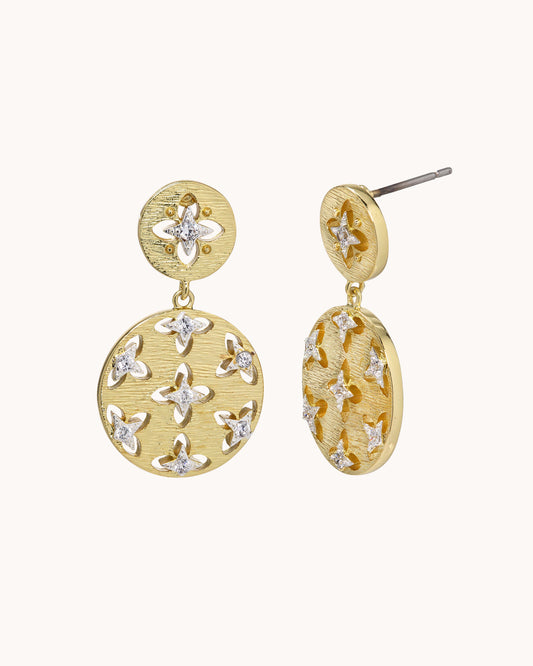 Brushed Disc Drop Ear - Two Tone Gold