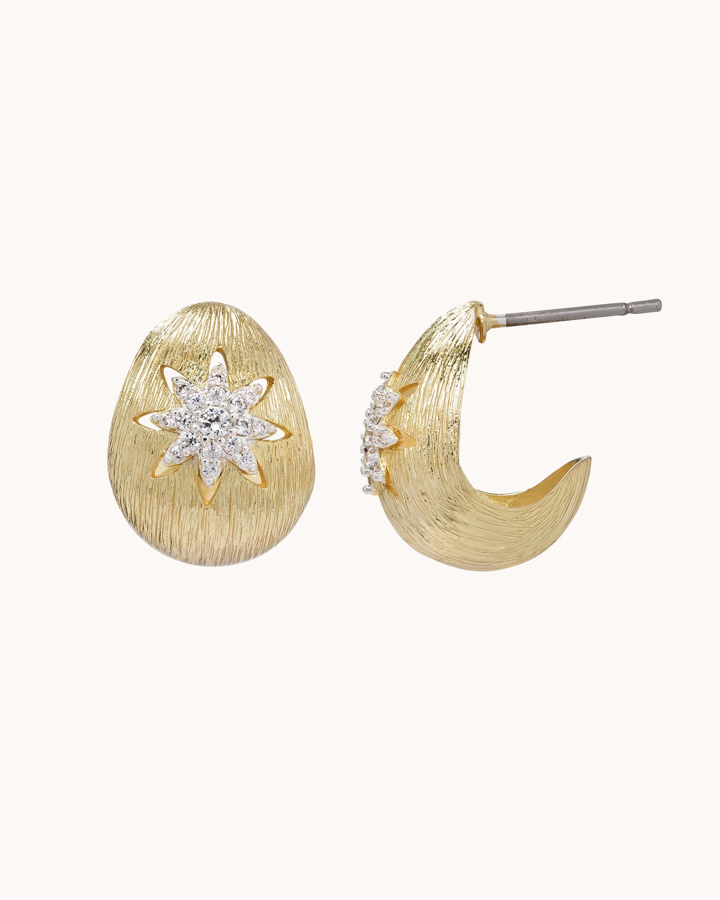 TRUE Solid or Plated Add a unique piece to your wardrobe with these Demi-Fine earrings. Made of 14K plated gold, the design features a Brushed Starburst Hoop - Two Tone Gold. 