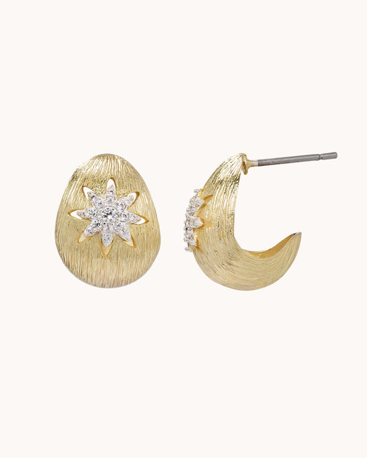 TRUE Solid or Plated Add a unique piece to your wardrobe with these Demi-Fine earrings. Made of 14K plated gold, the design features a Brushed Starburst Hoop - Two Tone Gold. 