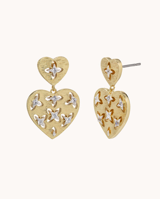 Brushed Heart Drop Ear - Two Tone Gold
