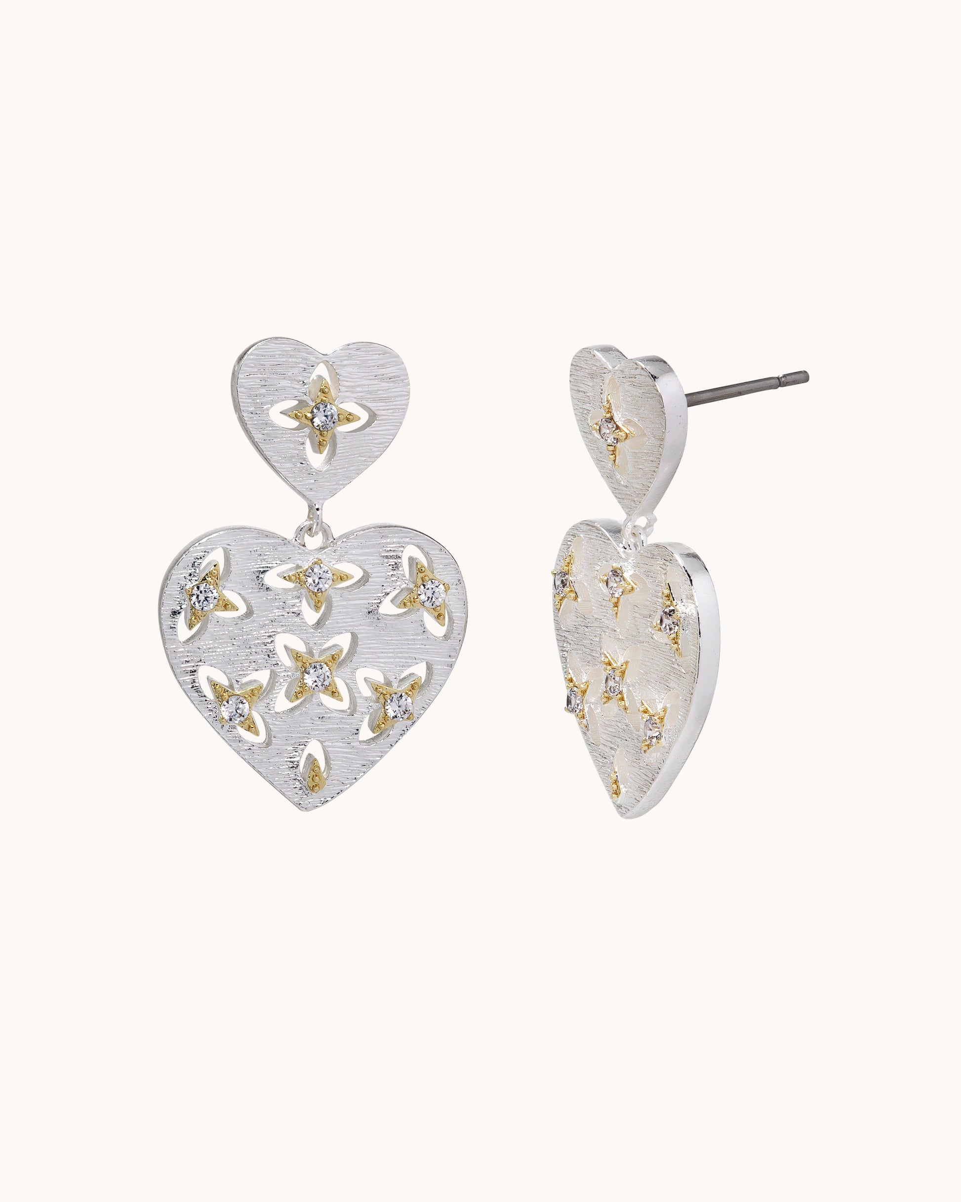 TRUE Solid or Plated Show off your style with these Demi-Fine earrings. Made of 14K plated gold, the design features a Brushed Heart Drop Ear - Two Tone Silver. 