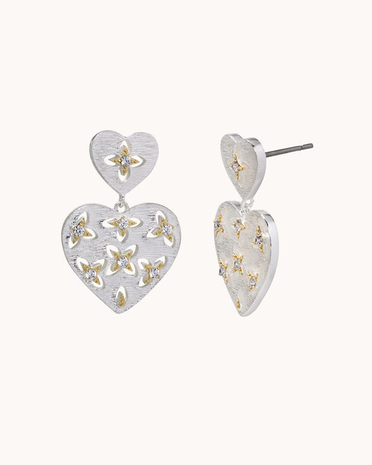 TRUE Solid or Plated Show off your style with these Demi-Fine earrings. Made of 14K plated gold, the design features a Brushed Heart Drop Ear - Two Tone Silver. 