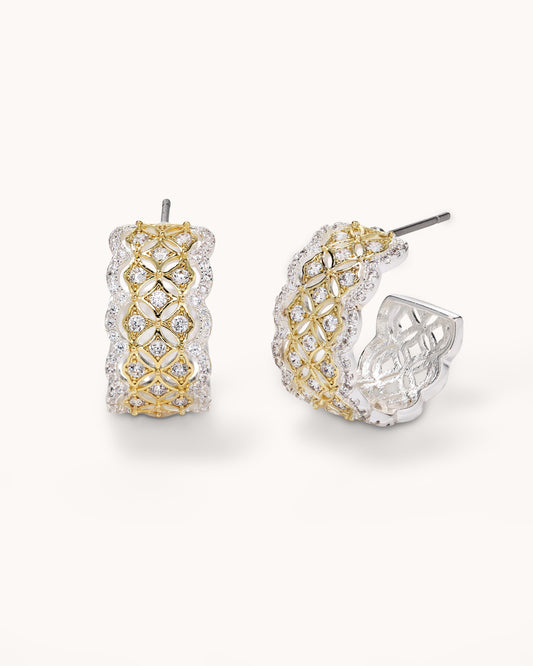 TRUE Solid or Plated Show off your style with these Demi-Fine earrings. Made of 14K plated gold, the design features a Woven Hoop Ear - Two Tone Silver. 