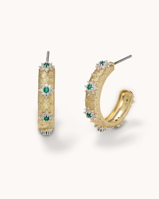 Multi Stone Textured Hoop - Emerald/Two Tone Gold