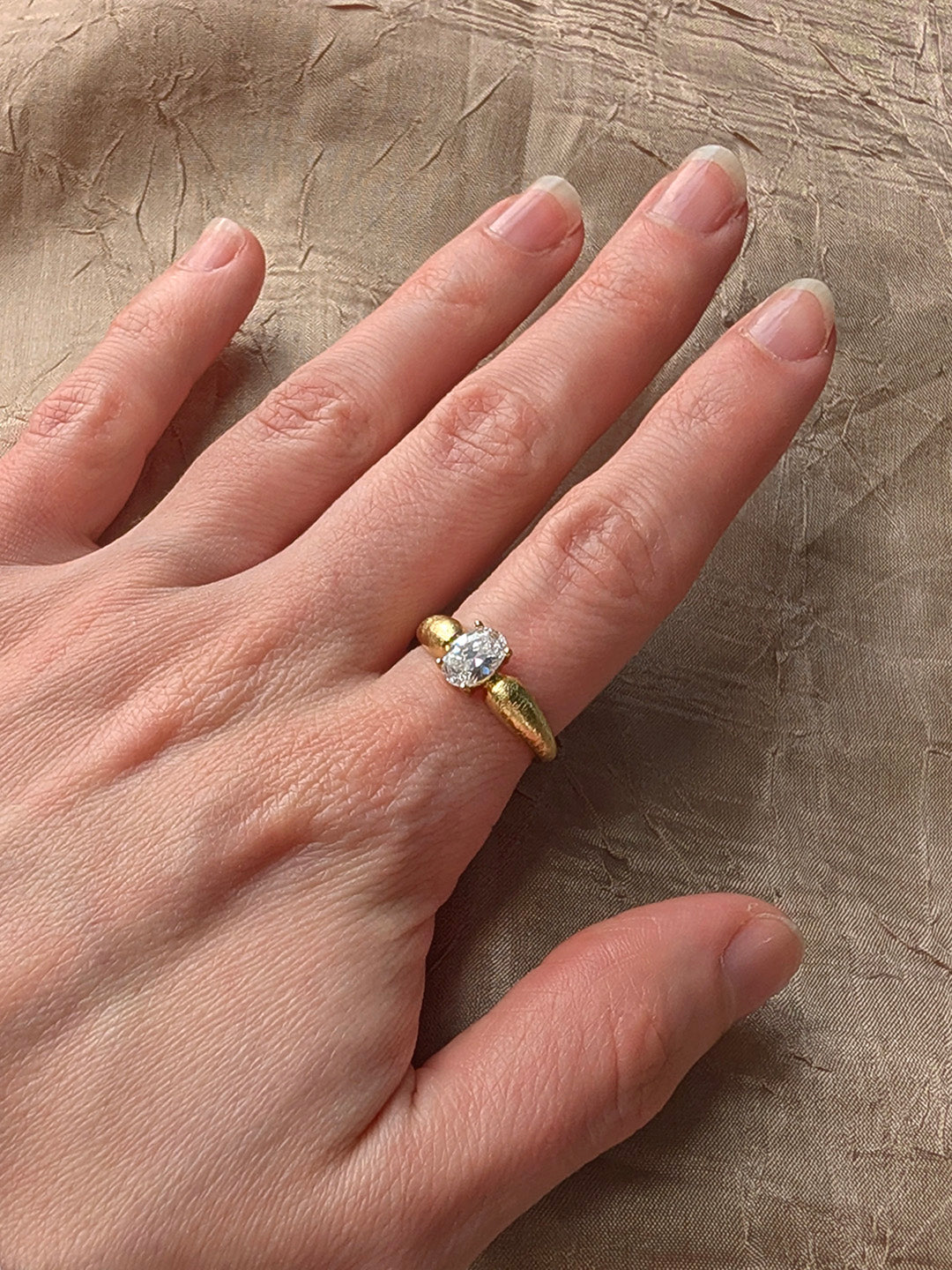 Oval Cut Brushed Band Adjustable Ring - Gold