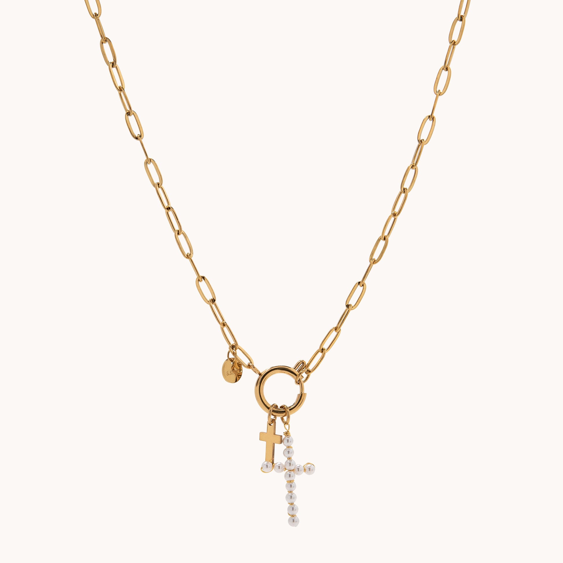 Pearl Cross Charm Necklace - Gold