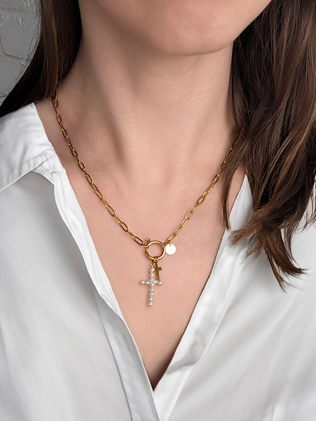 Pearl Cross Charm Necklace