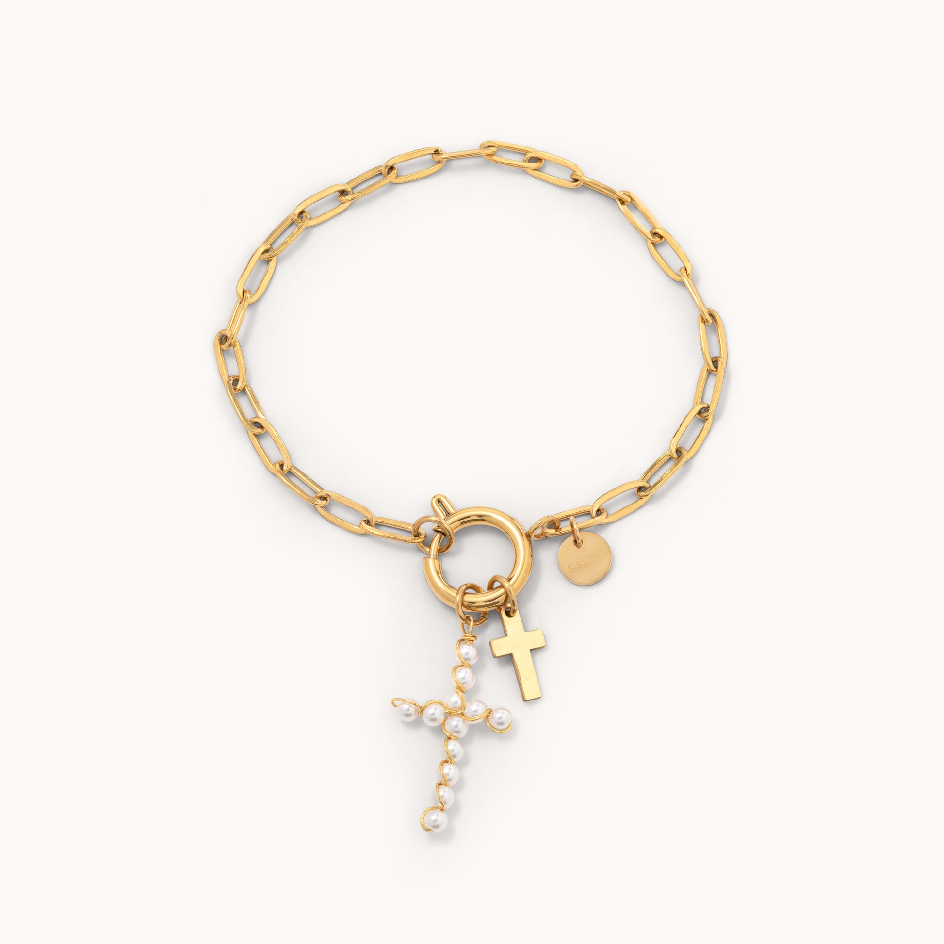 Pearl Cross Charm Bracelet - Gold