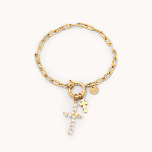 Pearl Cross Charm Bracelet - Gold