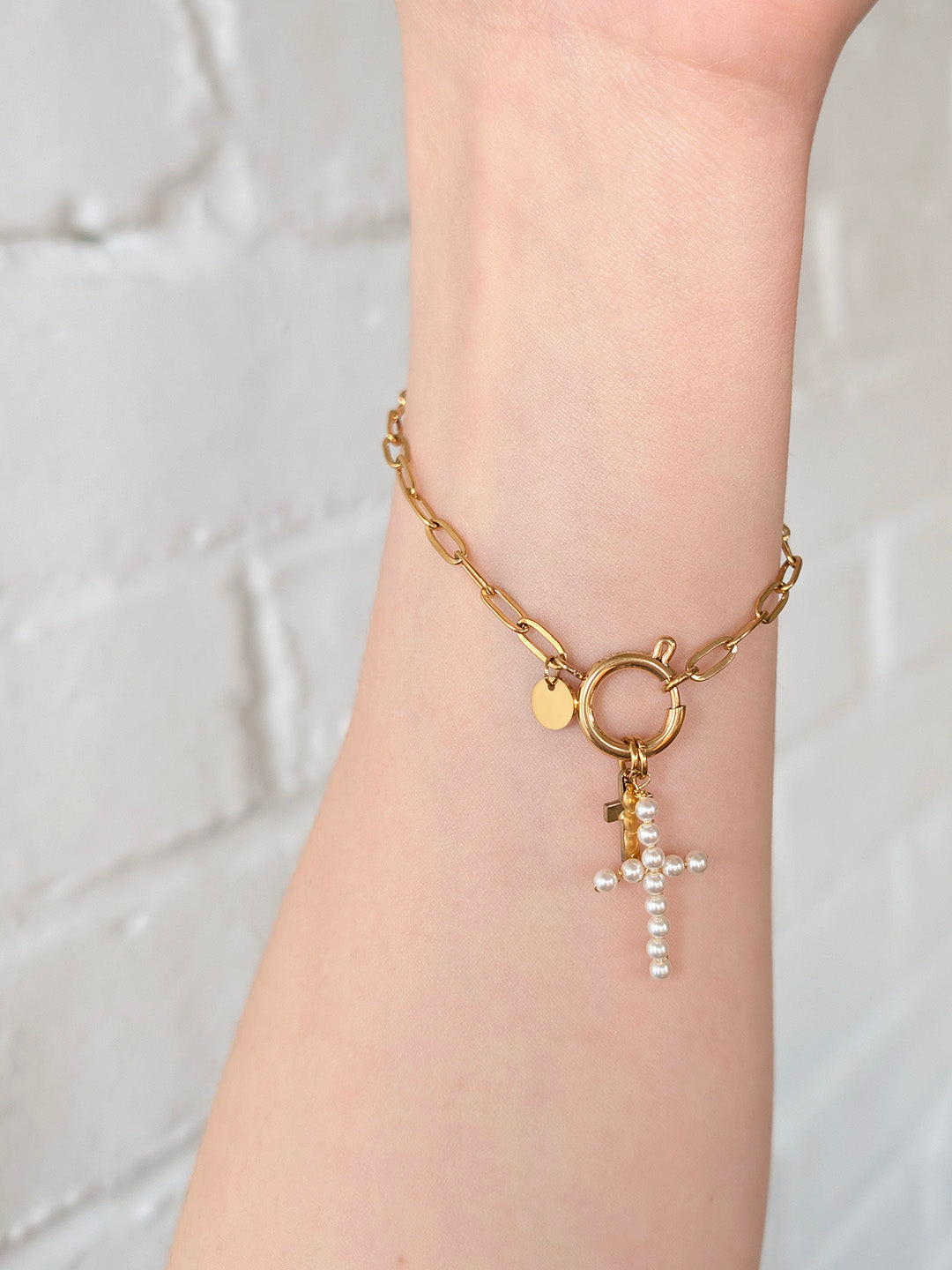 Pearl Cross Charm Bracelet