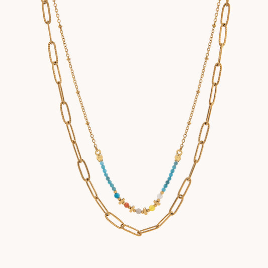 Beaded & Paperclip Chain Duo Necklace - Gold