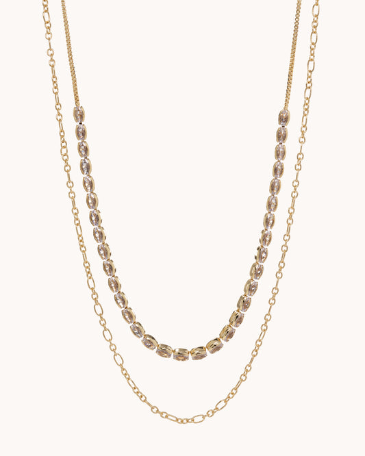 Layered Oval Tennis & Gold Chain Necklace