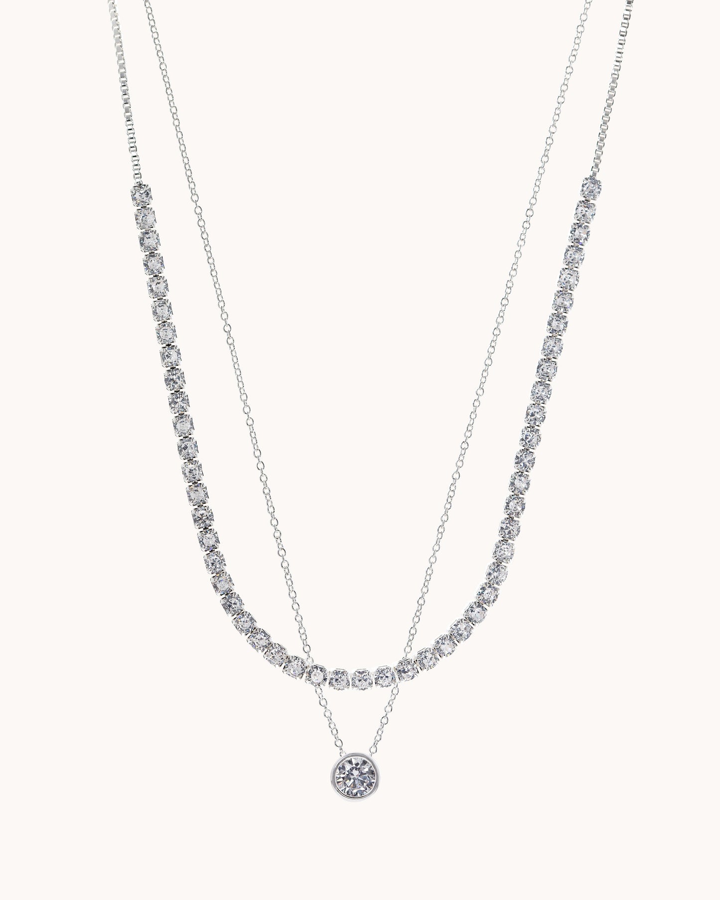Layered Tennis & Bezel Solitaire Necklace