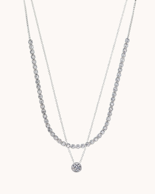 Layered Tennis & Bezel Solitaire Necklace