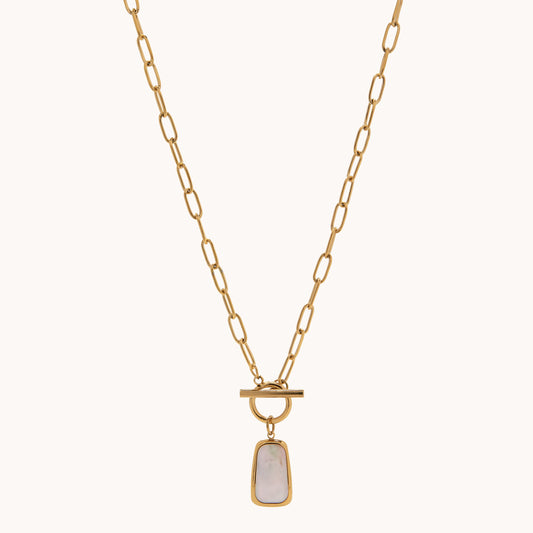 Paperclip Chain MOP Drop Necklace - Gold